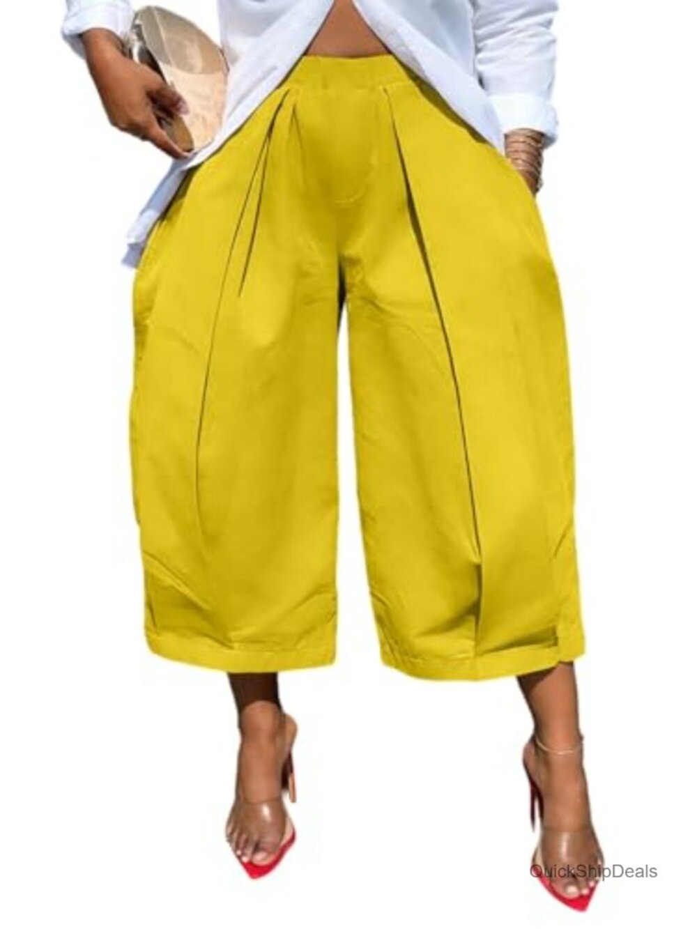 High-Waist Pleated Wide Leg Cropped Capri Pants for Women